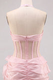 Pink Halter Corset 3D Flower Ruffle Short Homecoming Dress