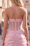 Pink Halter Corset 3D Flower Ruffle Short Homecoming Dress