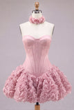 Strapless Corset Dusty Rose 3D Flower Homecoming Dress with Choker
