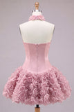 Strapless Corset Dusty Rose 3D Flower Homecoming Dress with Choker