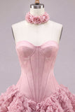 Strapless Corset Dusty Rose 3D Flower Homecoming Dress with Choker