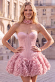 Strapless Corset Dusty Rose 3D Flower Homecoming Dress with Choker