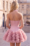 Strapless Corset Dusty Rose 3D Flower Homecoming Dress with Choker