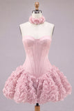 Strapless Corset Dusty Rose 3D Flower Homecoming Dress with Choker