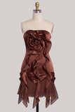Coffee Ruffle 3D Flower Bodycon Strapless Homecoming Dress