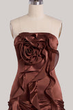 Coffee Ruffle 3D Flower Bodycon Strapless Homecoming Dress