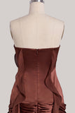 Coffee Ruffle 3D Flower Bodycon Strapless Homecoming Dress
