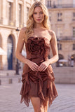 Coffee Ruffle 3D Flower Bodycon Strapless Homecoming Dress