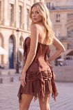 Coffee Ruffle 3D Flower Bodycon Strapless Homecoming Dress