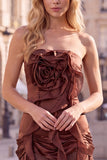 Coffee Ruffle 3D Flower Bodycon Strapless Homecoming Dress