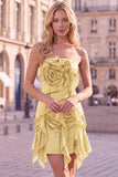 Coffee Ruffle 3D Flower Bodycon Strapless Homecoming Dress