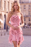 Coffee Ruffle 3D Flower Bodycon Strapless Homecoming Dress