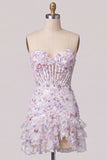 Corset Ruffle Sequin Lilac Homecoming Dress with Lace-up Back