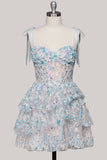 Light Blue Corset Sequin Tiered Ruffle A Line Homecoming Dress