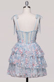 Light Blue Corset Sequin Tiered Ruffle A Line Homecoming Dress