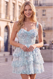 Light Blue Corset Sequin Tiered Ruffle A Line Homecoming Dress