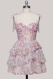 Light Blue Corset Sequin Tiered Ruffle A Line Homecoming Dress