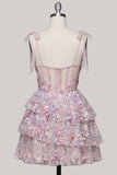 Light Blue Corset Sequin Tiered Ruffle A Line Homecoming Dress