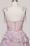 Light Blue Corset Sequin Tiered Ruffle A Line Homecoming Dress
