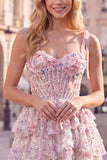 Light Blue Corset Sequin Tiered Ruffle A Line Homecoming Dress
