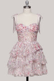Light Blue Corset Sequin Tiered Ruffle A Line Homecoming Dress