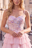 Lilac A Line Tiered Ruffle Corset Floral Sequin Homecoming Dress
