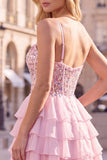 Lilac A Line Tiered Ruffle Corset Floral Sequin Homecoming Dress