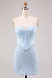 Strapless Light Blue Corset Bodycon Homecoming Dress with Sequins