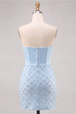 Strapless Light Blue Corset Bodycon Homecoming Dress with Sequins