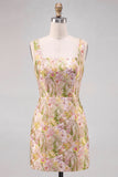 Pink Flower Square Neck Bodycon Short Homecoming Dress