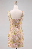 Pink Flower Square Neck Bodycon Short Homecoming Dress