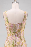 Pink Flower Square Neck Bodycon Short Homecoming Dress