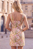 Pink Flower Square Neck Bodycon Short Homecoming Dress