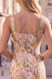 Pink Flower Square Neck Bodycon Short Homecoming Dress
