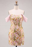 Off the Shoulder Pink Flower Bodycon Short Homecoming Dress with Slit