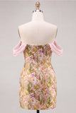 Off the Shoulder Pink Flower Bodycon Short Homecoming Dress with Slit