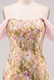 Off the Shoulder Pink Flower Bodycon Short Homecoming Dress with Slit