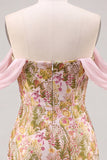 Off the Shoulder Pink Flower Bodycon Short Homecoming Dress with Slit