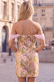 Off the Shoulder Pink Flower Bodycon Short Homecoming Dress with Slit