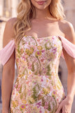 Off the Shoulder Pink Flower Bodycon Short Homecoming Dress with Slit