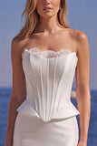 Strapless Mermaid White Satin Wedding Dress with Lace