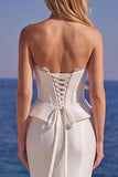 Strapless Mermaid White Satin Wedding Dress with Lace
