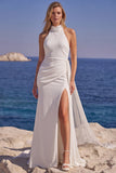 White Halter Mermaid Wedding Dress with Slit
