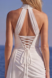 White Halter Mermaid Wedding Dress with Slit