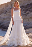 Halter A Line White Pleated Wedding Dress with 3D Flowers