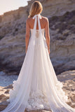 Halter A Line White Pleated Wedding Dress with 3D Flowers