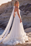 Halter A Line White Pleated Wedding Dress with 3D Flowers