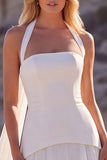Halter A Line White Pleated Wedding Dress with 3D Flowers