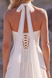 Halter A Line White Pleated Wedding Dress with 3D Flowers