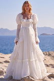 White A Line Lace Ruffled Long Sleeve Wedding Dress